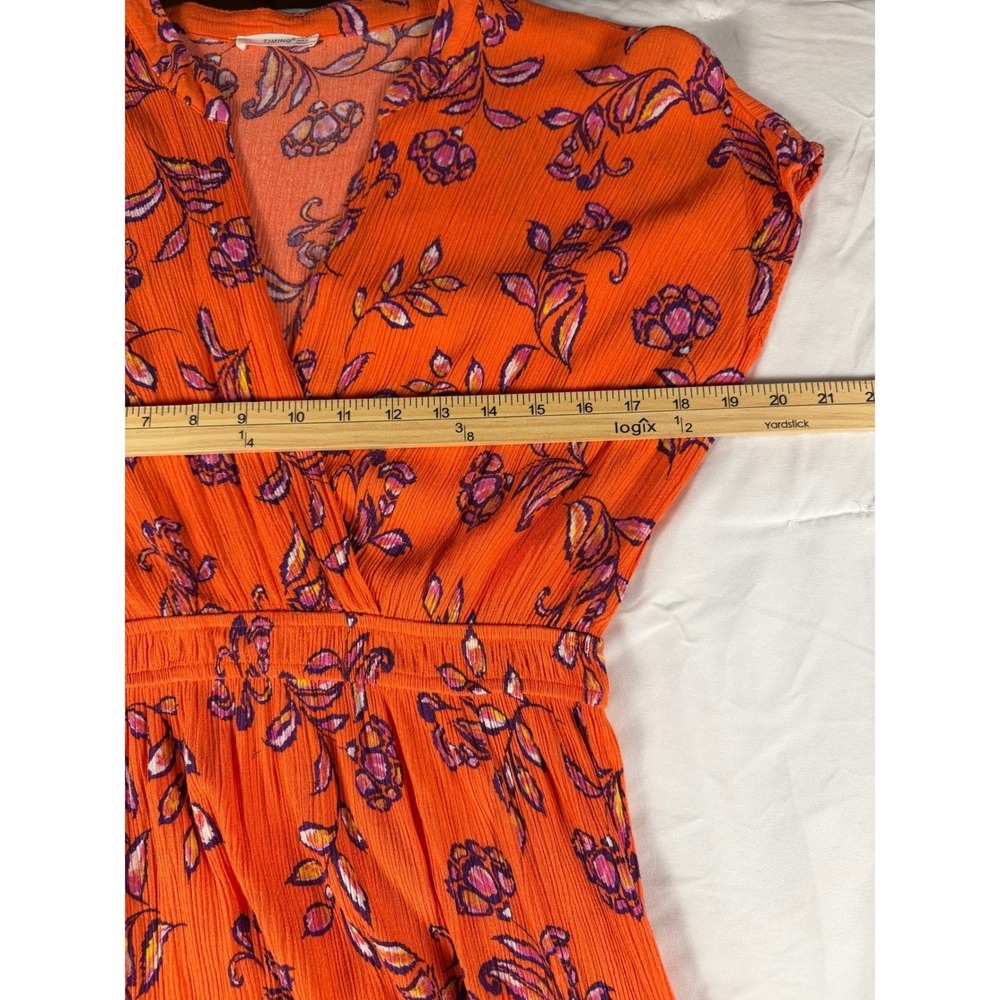 Timing Orange Floral Pleated Plissé Maxi Dress Womens V-Neck Boho Cap Sleeve - Picture 5 of 6